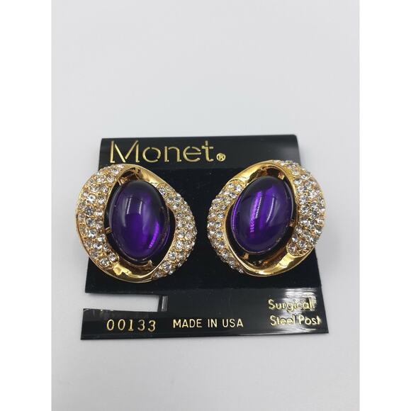 MONET Vintage Faux Amethyst Gold Tone Pierced Earrings Jewelry Women USA NWT - Picture 1 of 5